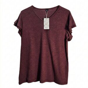 NWT | Automet Wine Red V-Neck Top | Tiered Ruffle Sleeves | Size Large